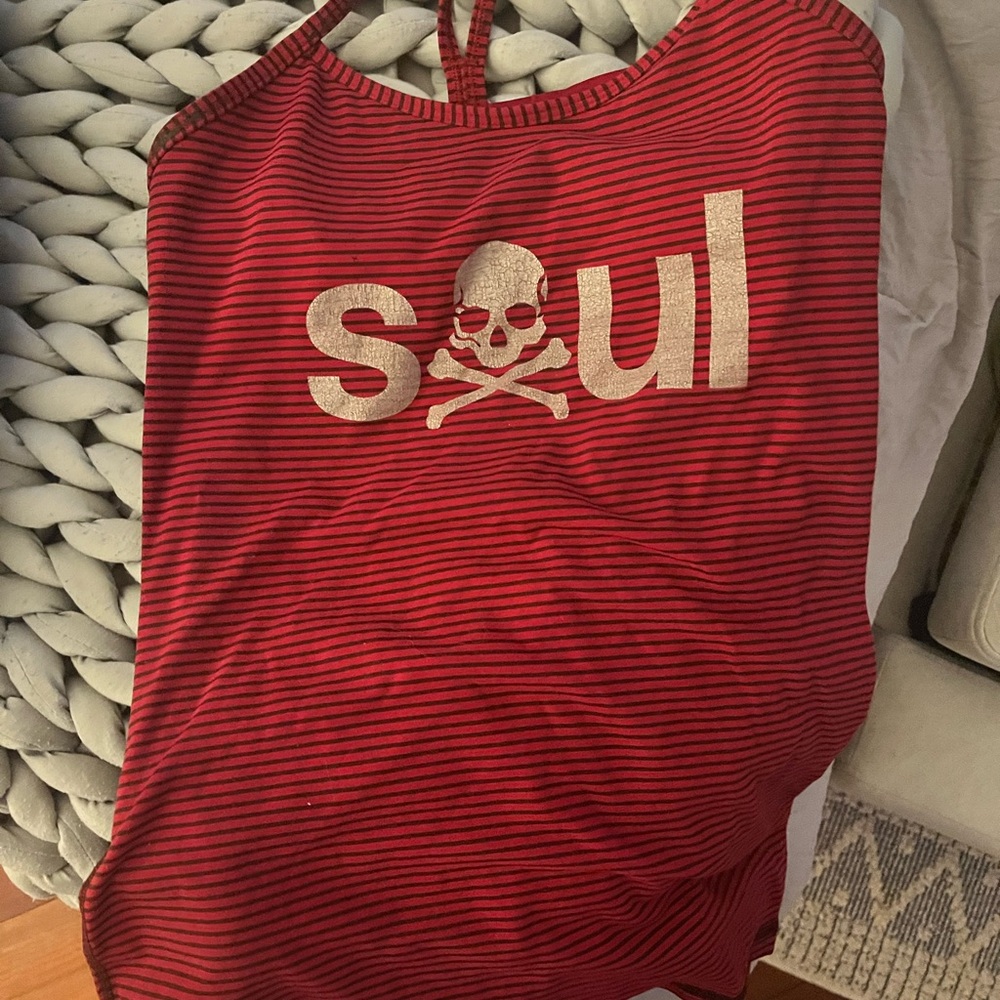 Lulu lemon soul cycle Red and Black Striped Tank Top with Skull Design